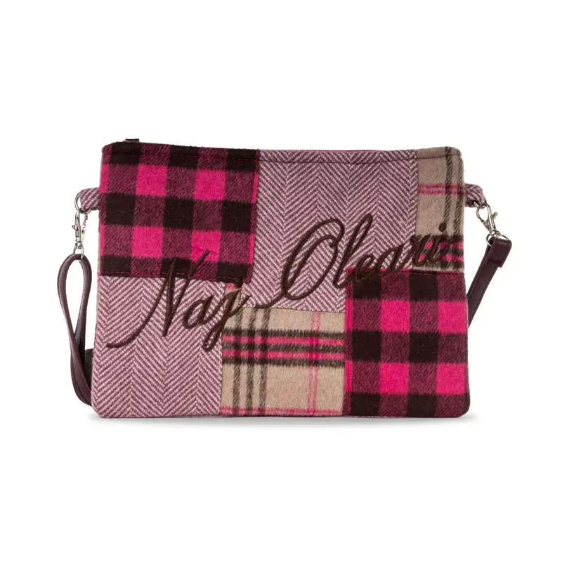 Bustina rosa da donna in tessuto stile patchwork con ricamo logo