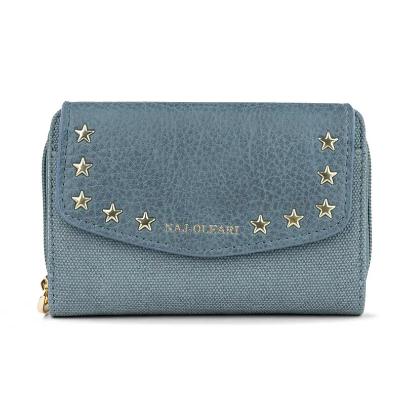 Portafoglio azzurro da donna con logo e dettaglio borchie a stelline