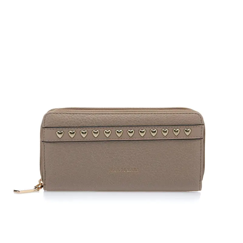 Portafoglio beige con zip e cuori
