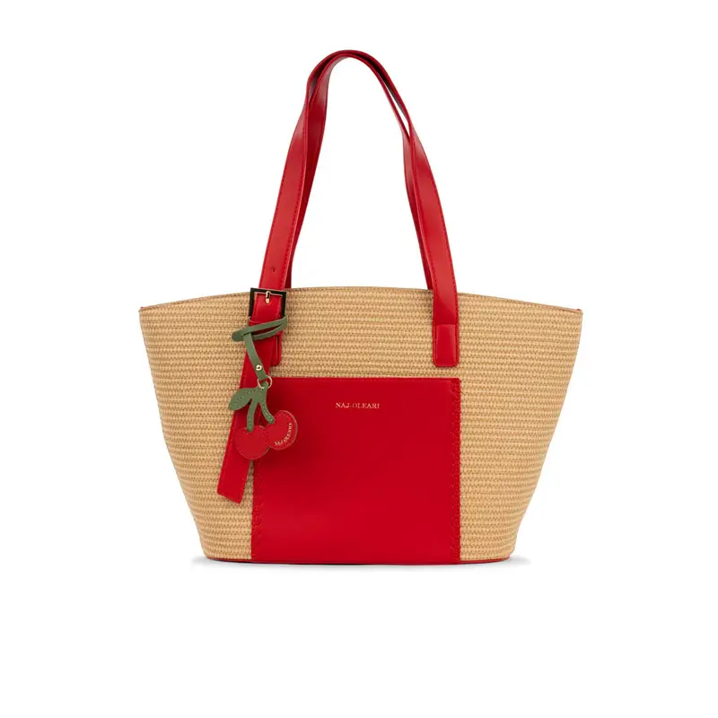 Shopper rossa da donna effetto paglia con ciondolo a ciliegia