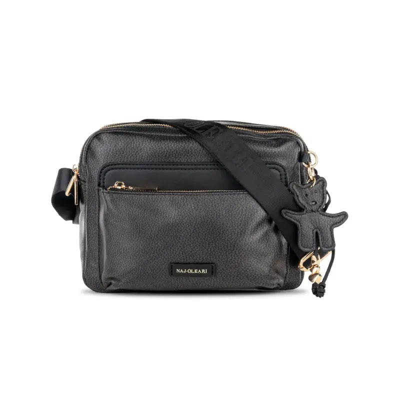 Tracolla nera da donna con tasca frontale e ciondolo orsetto