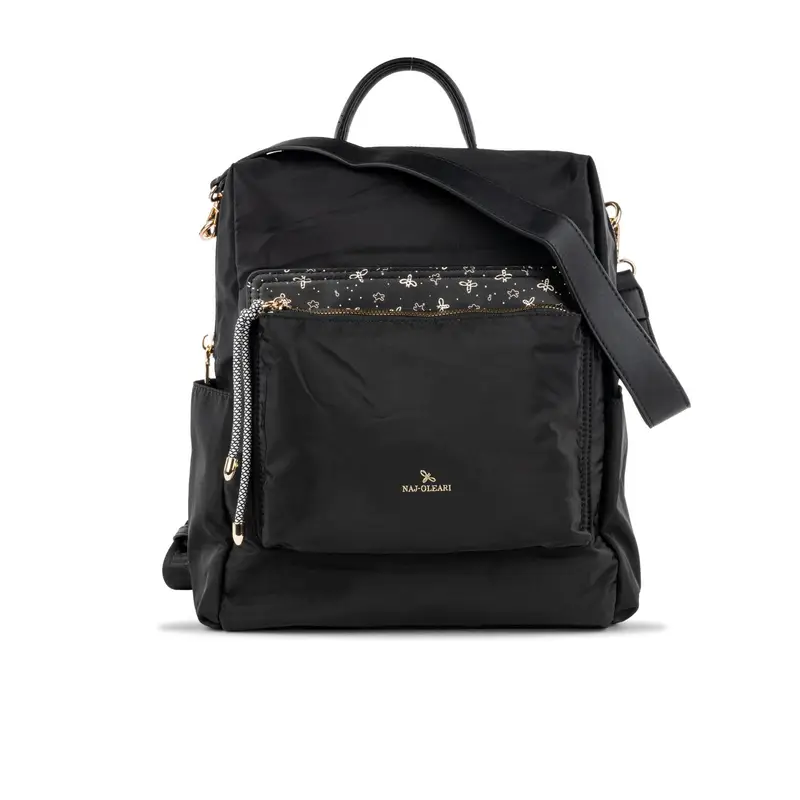 Zainetto nero da donna in tessuto con spallacci e tracolla aggiuntiva