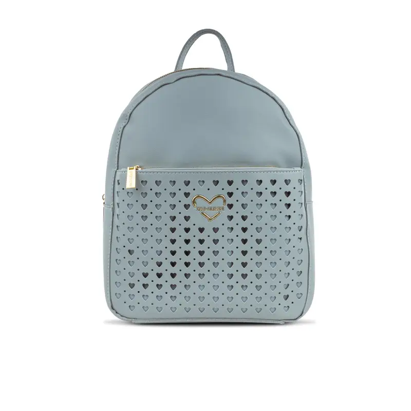 Zaino azzurro da donna con tasca frontale dettaglio cuori traforati