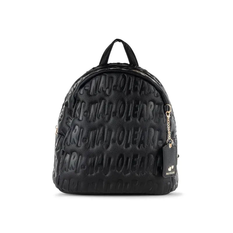 Zaino nero da donna con stampa multilogo e ciondolo