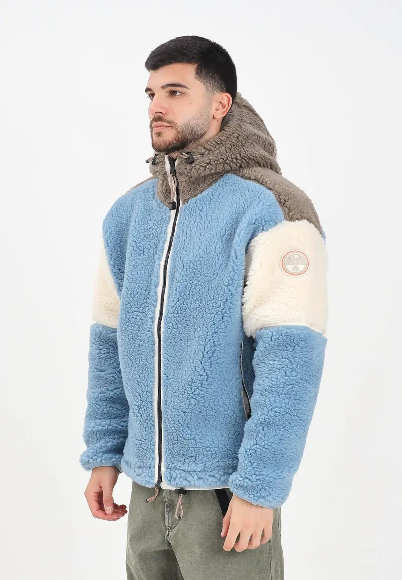 Giubbotto da uomo in morbido pile teddy effetto shearling, con un design color block