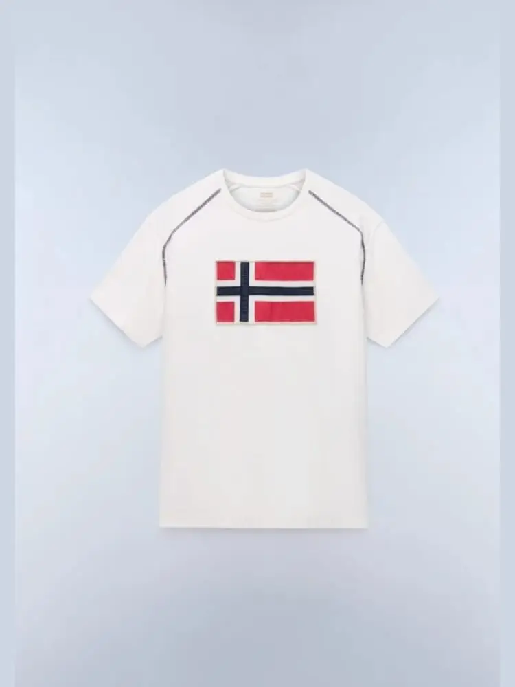 t-shirt in cotone bianco con bandiera e ricami