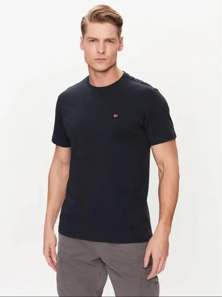 t-shirt uomo in cotone blu con micro logo bandiera