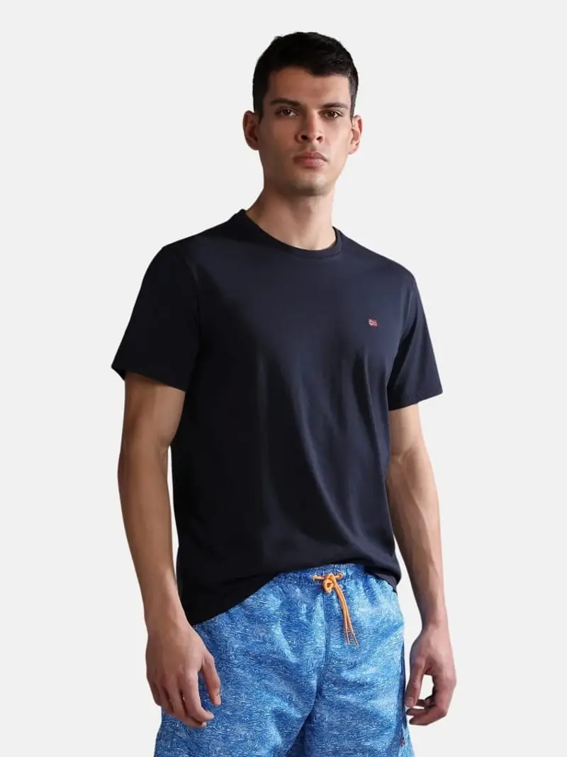 Napapijri tshirt blu navy uomo in cotone mini logo sul petto