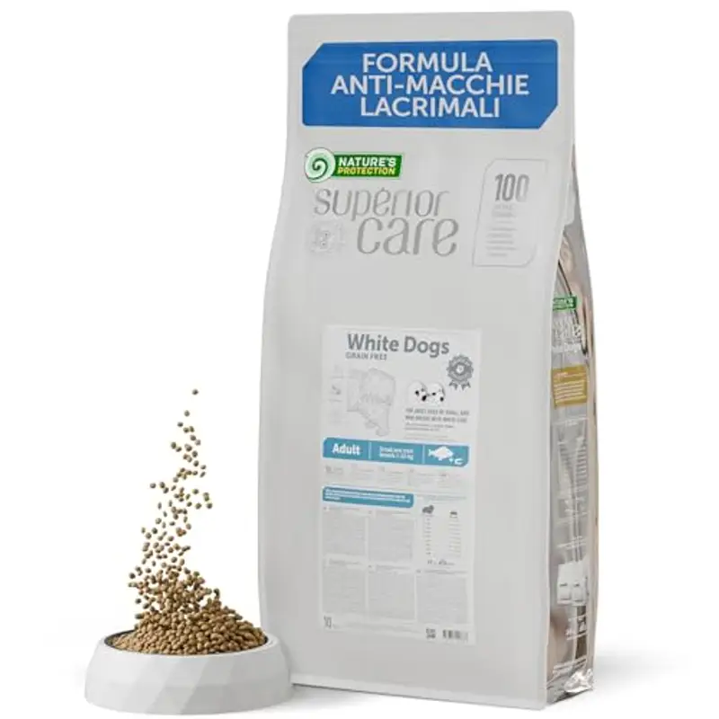 Nature’s Protection Superior Care Crocchette Cani ad Alto Contenuto Proteico - Cibo per Cani Bianchi Adulti Ipoallergenico con Pesce Bianco - Omega 3 e 6 - Contro le Macchie da Lacrimazione (10 kg)
