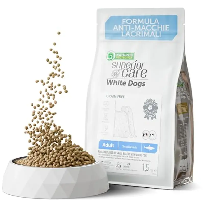 Nature's Protection Superior Care Crocchette Cani all’Aringa Senza Cereali e Ipoallergenico - Cibo per Cani Adulti di Piccola Taglia dal Pelo Bianco - Con Omega 3 e 6 - Pelle e Pelo Sani (1,5 kg)