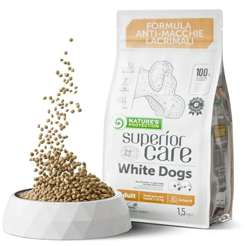 Nature's Protection Superior Care White Dogs Cibo Secco Ipoallergenico per Cani Adulti di Taglia Piccola, Agnello e Riso, Riduce le Macchie di Lacrime, 1.5 kg.