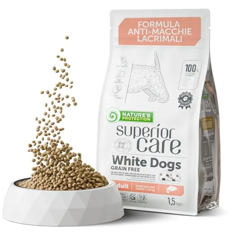 Nature's Protection Superior Care White Dogs - Cibo Secco Ipoallergenico per Cani Adulti di Taglia Piccola, Salmone, Riduce le Macchie di Lacrime, 1,5 kg