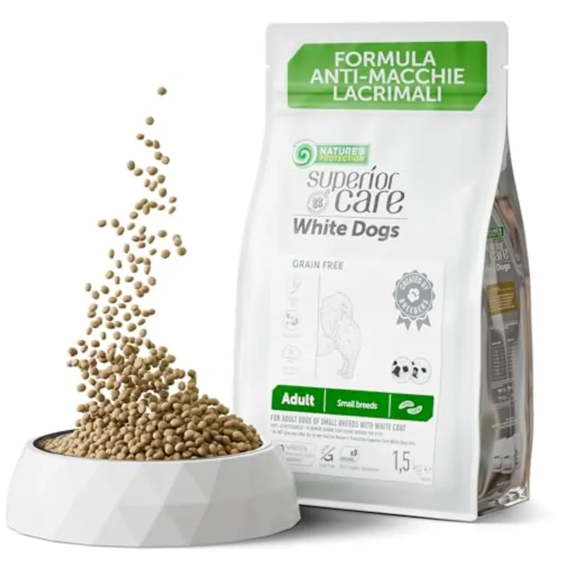 Nature's Protection Superior Care White Dogs Grain Free Insect Alimento secco per adulti di taglia piccola e mini Ipoallergenico Proteine ??di insetti Senza macchie di lacrime 1,5 kg.