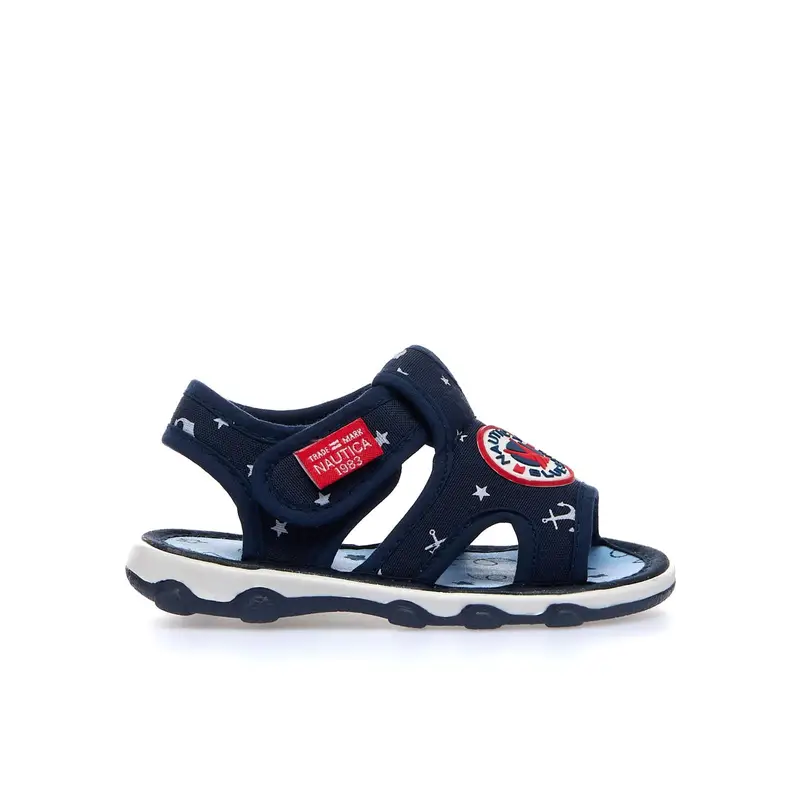 Sandali bimbo blu in tessuto con disegni e velcro