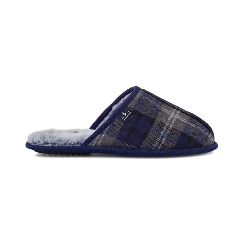Ciabatte blu uomo da casa in stampa check con interno in pelo