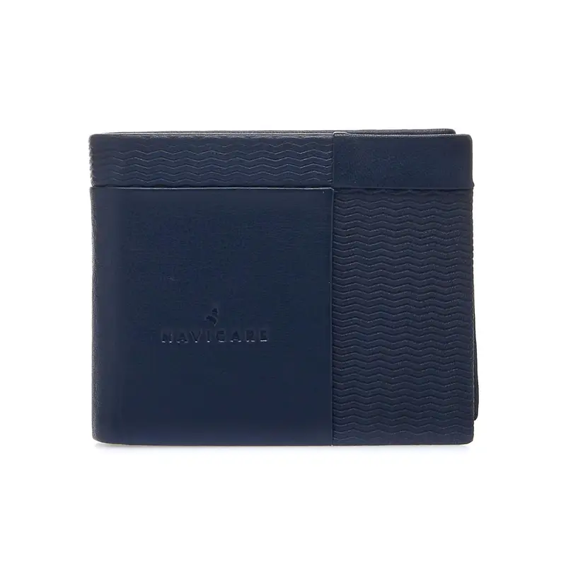 Portafoglio blu con chiusura a libro e stampa geometrica