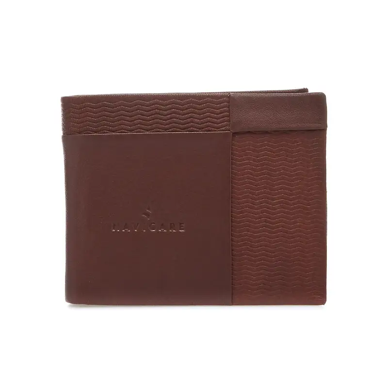 Portafoglio marrone con chiusura a libro e stampa geometrica