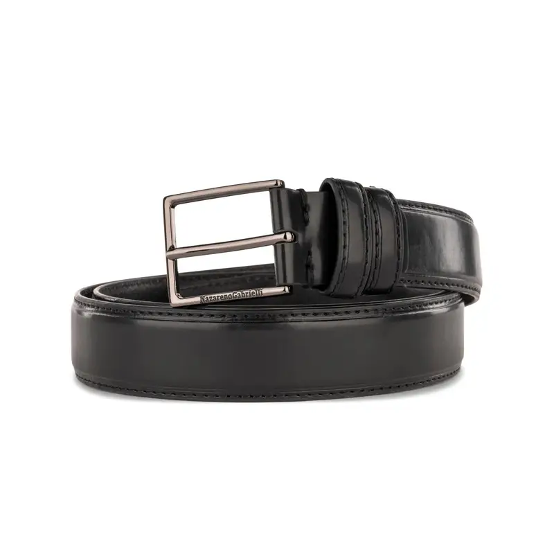 Cintura nera da uomo con doppio passante e cuciture