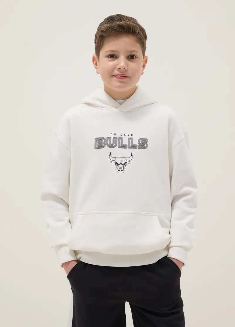 Felpa In Misto Cotone Bianca Da Bambino Regular Fit Con Stampa Bulls, Unisex, Bianco