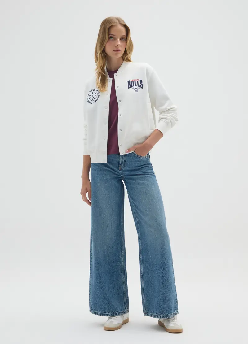 Felpa In Misto Cotone Bianca Oversize Con Stampa Chicago Bulls, Donna, Bianco