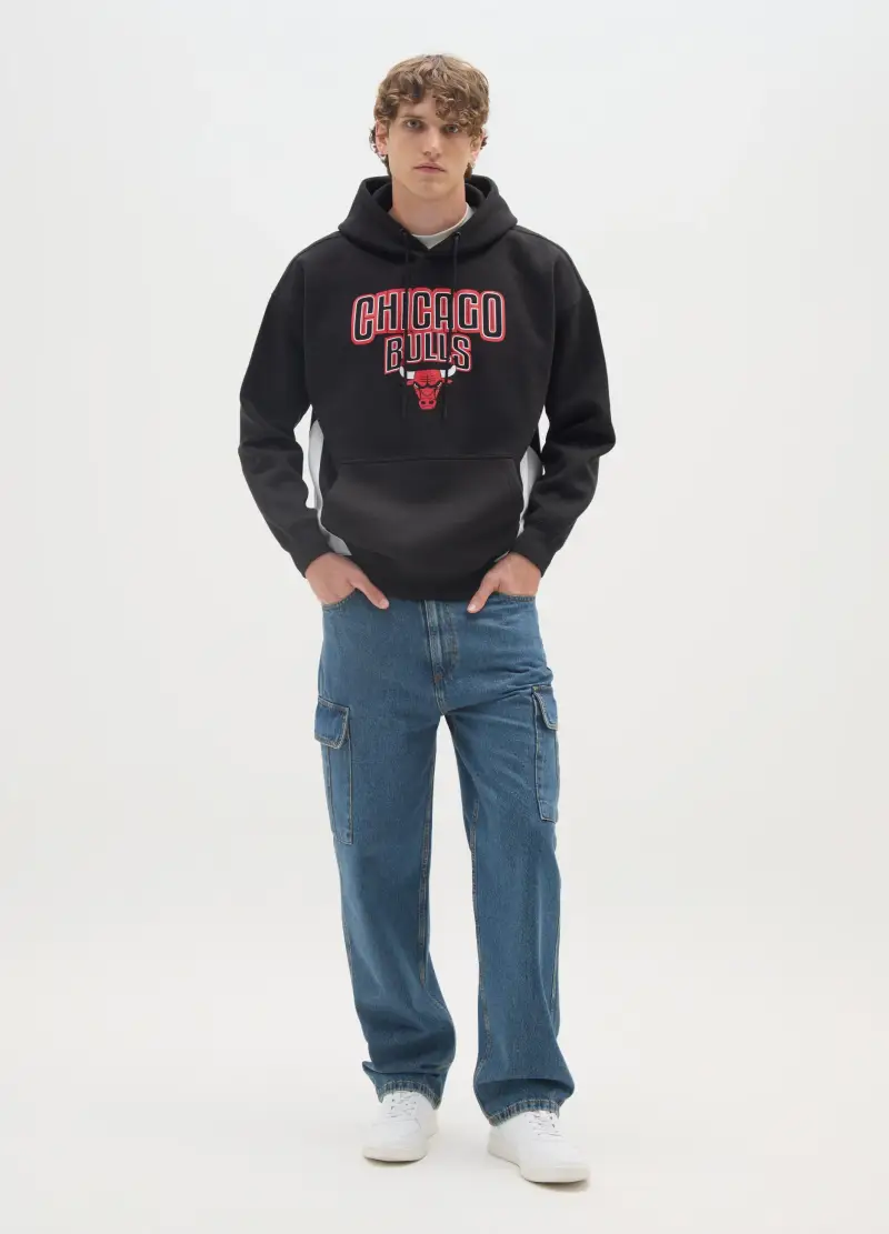 Felpa In Misto Cotone Nero Con Stampa Chicago Bulls, Uomo, Multicolor