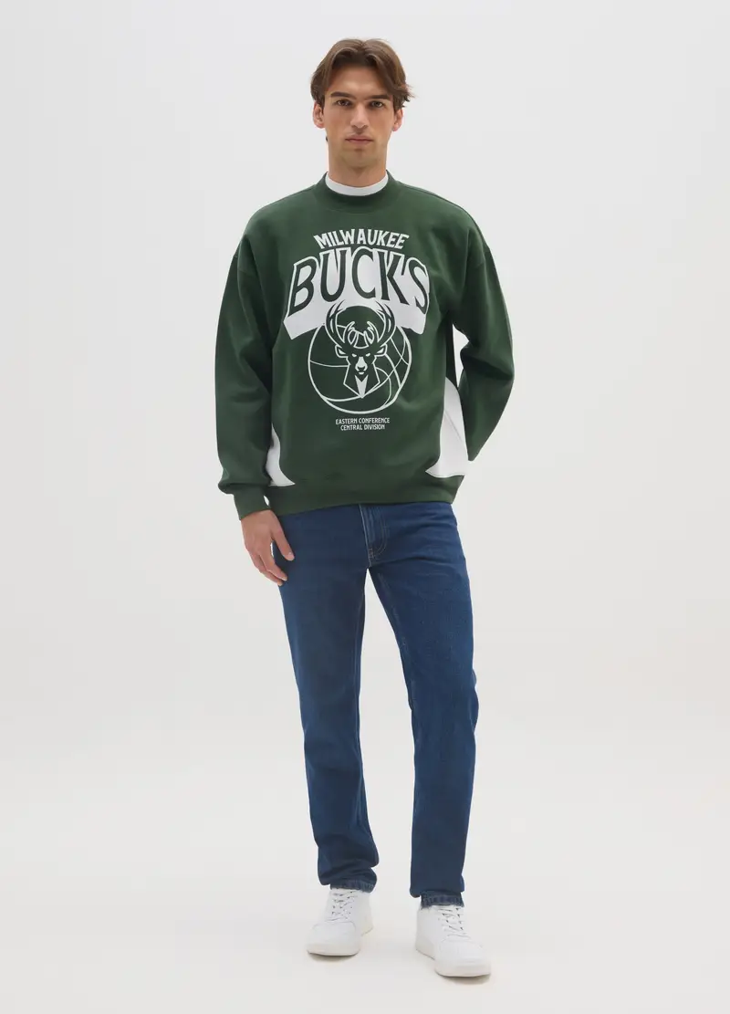 Felpa In Misto Cotone Verde Regular Fit Con Stampa Milwaukee Bucks, Uomo, Multicolor miniatura 2