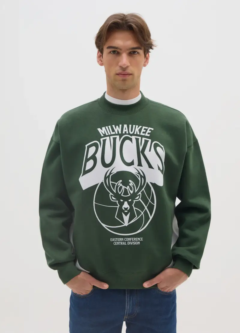 Felpa In Misto Cotone Verde Regular Fit Con Stampa Milwaukee Bucks, Uomo, Multicolor