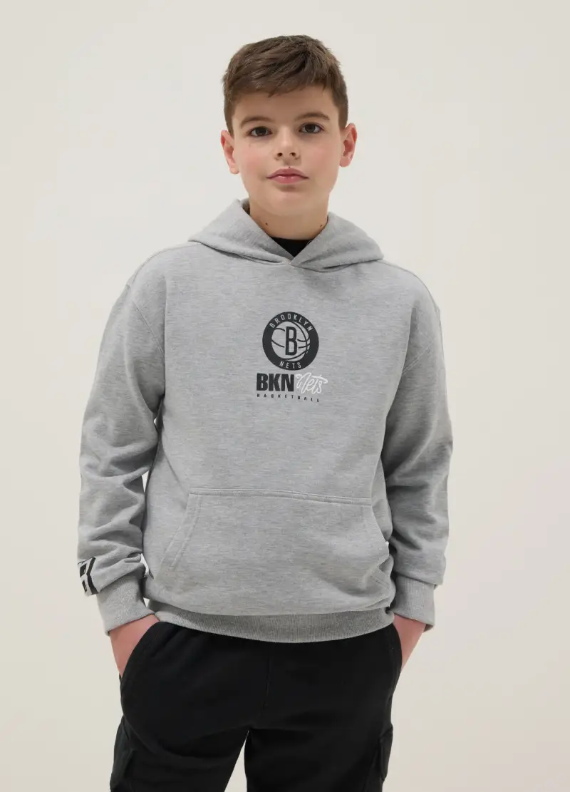 Felpa In Puro Cotone Grigia Da Bambino Regular Fit Con Logo Brooklyn Nets, Unisex, Grigio