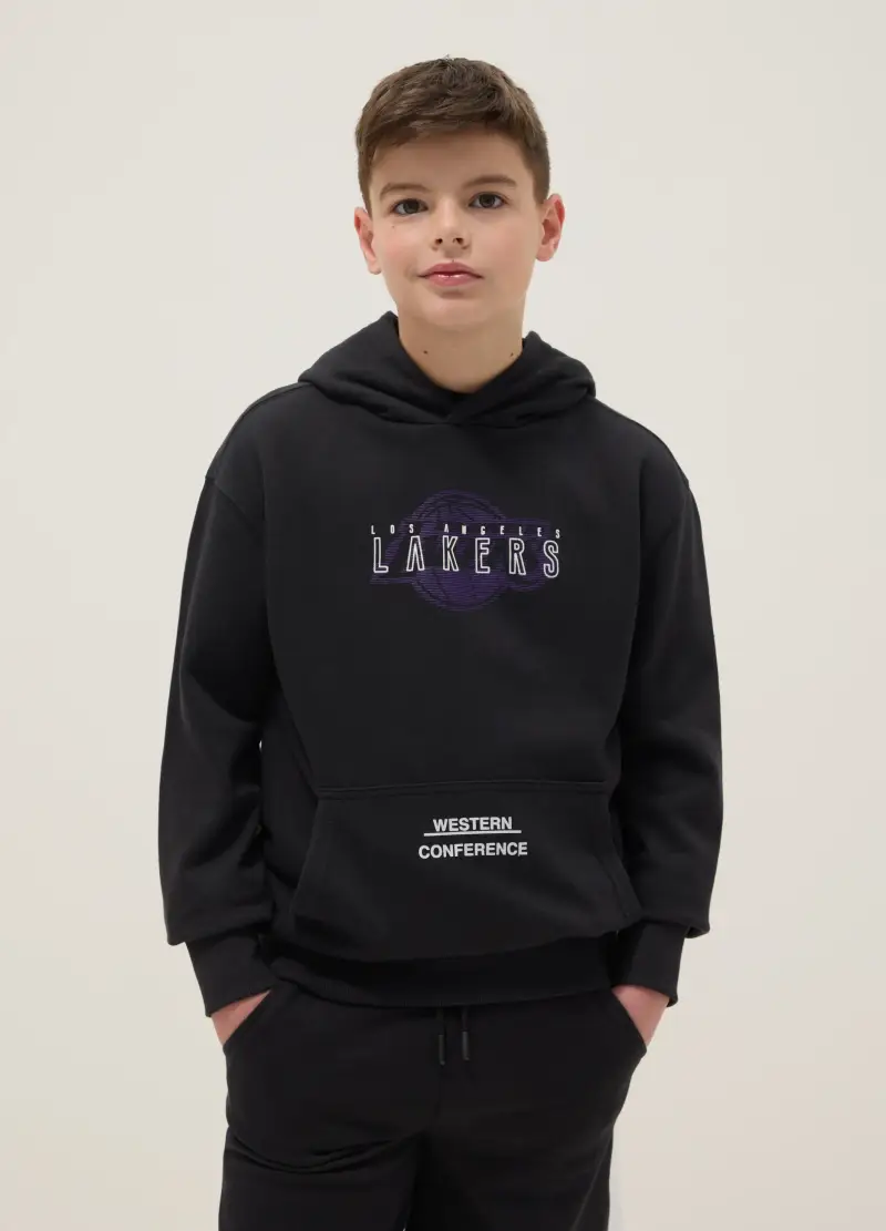 Felpa In Puro Cotone Nero Da Bambino Regular Fit Con Stampa Lakers, Unisex, Nero