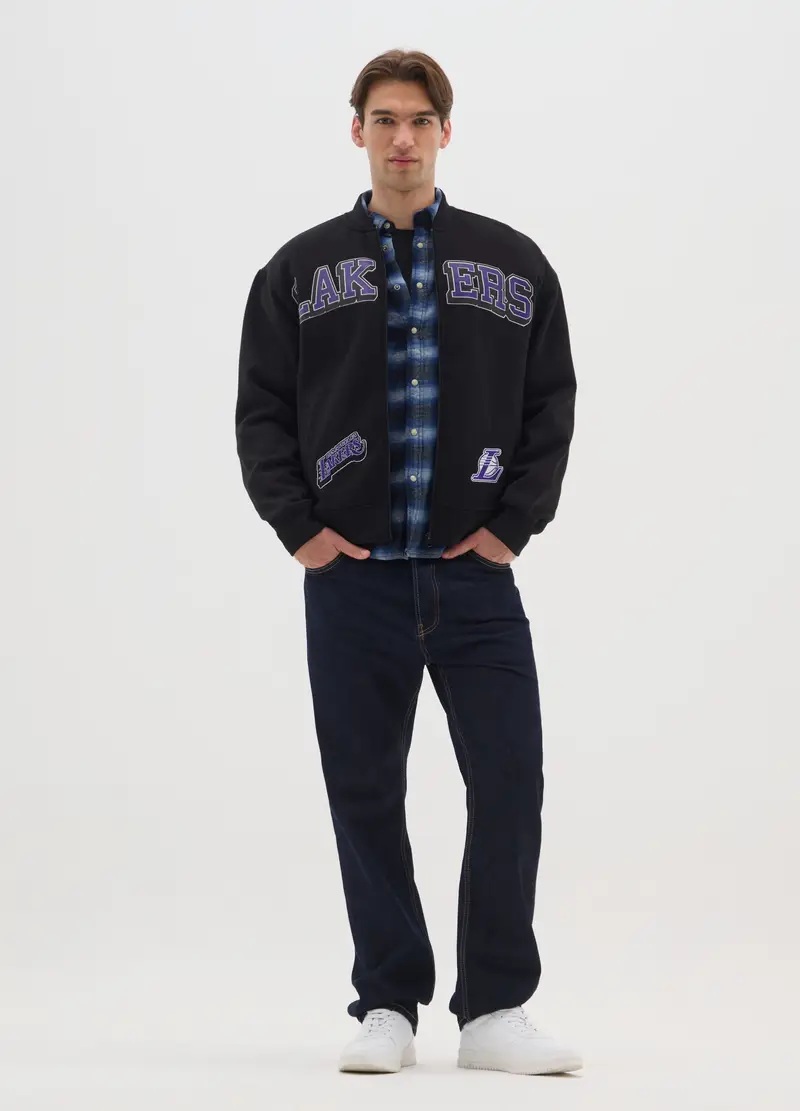 Giubbotto Bomber In Misto Cotone Nero Con Stampe Los Angeles Lakers, Uomo, Nero