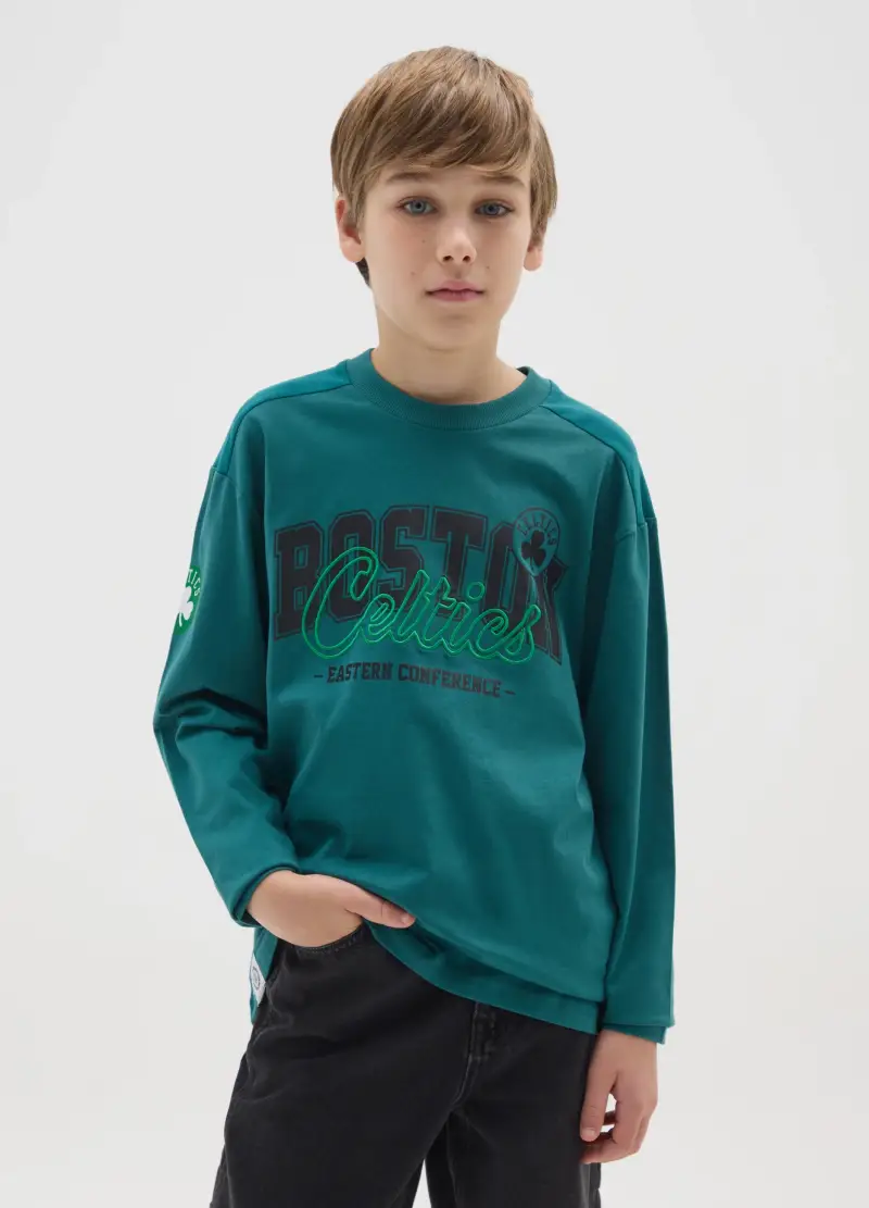 Maglia Da Ragazzo In Puro Cotone Verde Regular Fit Con Scollo Rotondo, Bambino, Verde