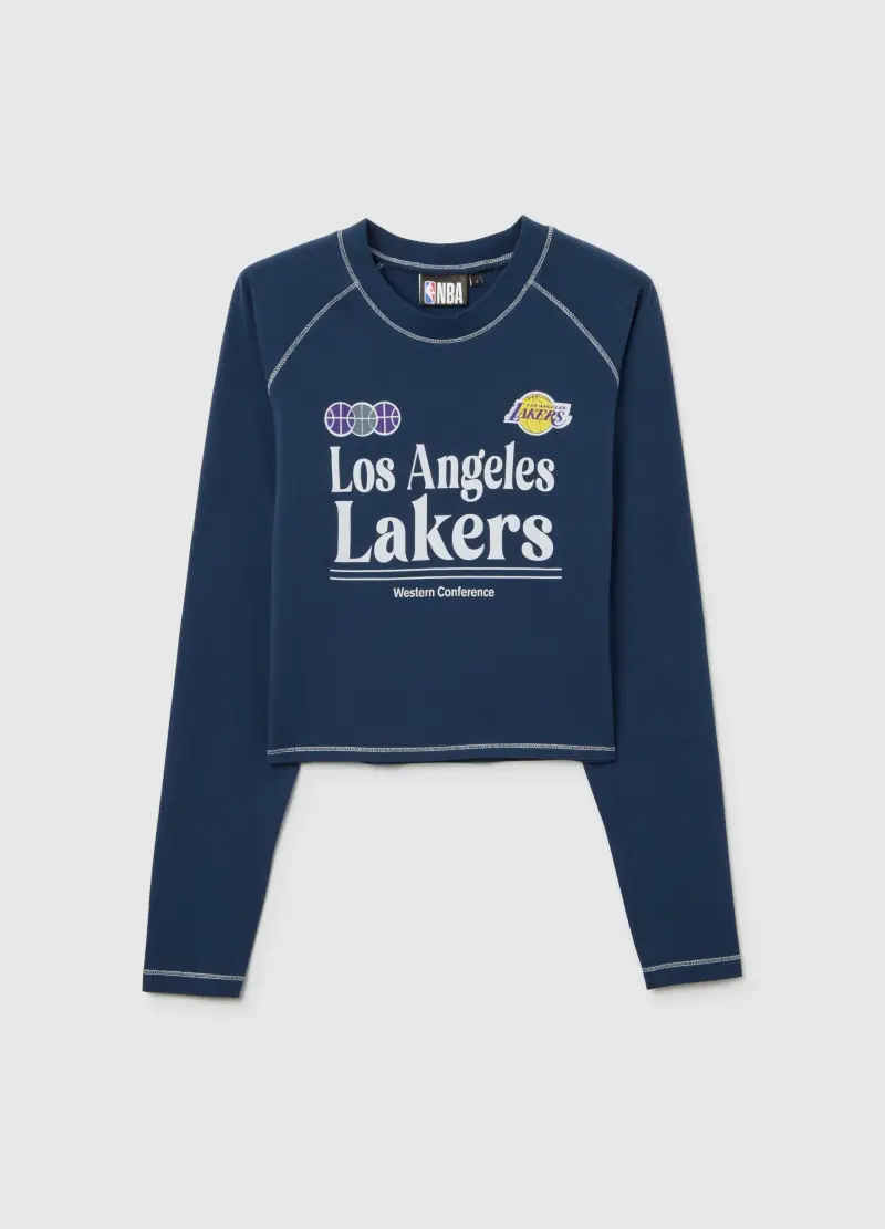 Maglia In Cotone Elasticizzato Blu Con Logo Los Angeles Lakers, Donna, Blu