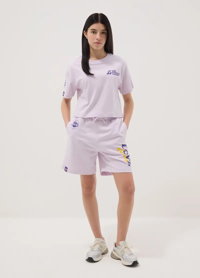 Short In Puro Cotone Viola Da Ragazza Comfort Fit Con Stampe Lakers, Bambina, Viola