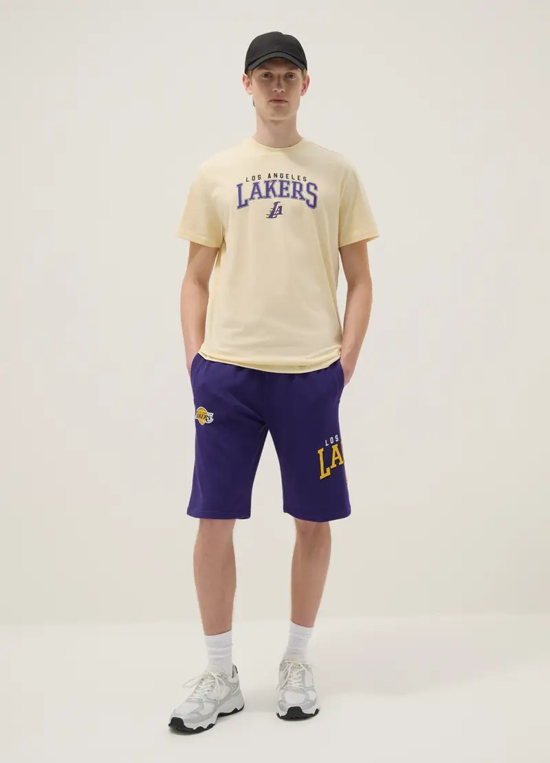 Shorts In Misto Cotone Viola Con Stampe Los Angeles Lakers, Uomo, Viola