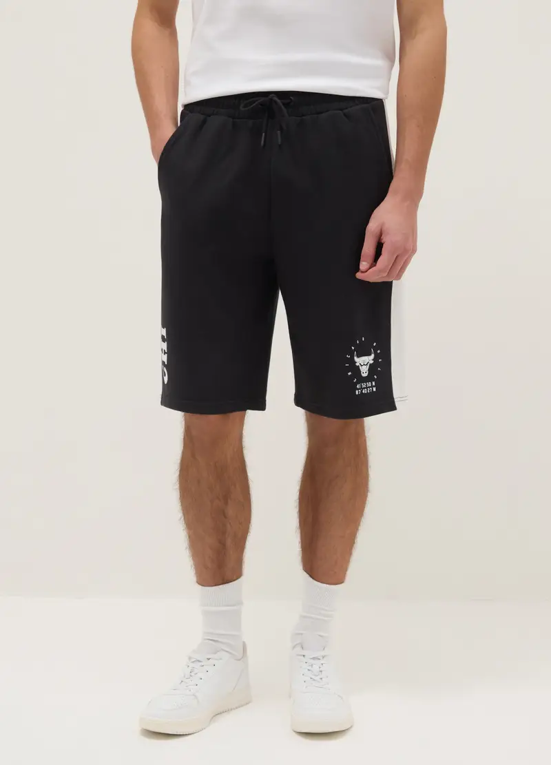 Shorts Sportivi In Misto Cotone Neri Regular Fit Con Logo Chicago Bulls, Uomo, Nero miniatura 2