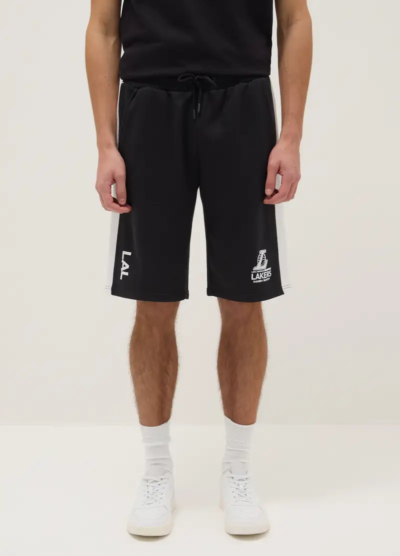 Shorts Sportivi In Misto Cotone Neri Regular Fit Con Logo Lakers, Uomo, Nero miniatura 2