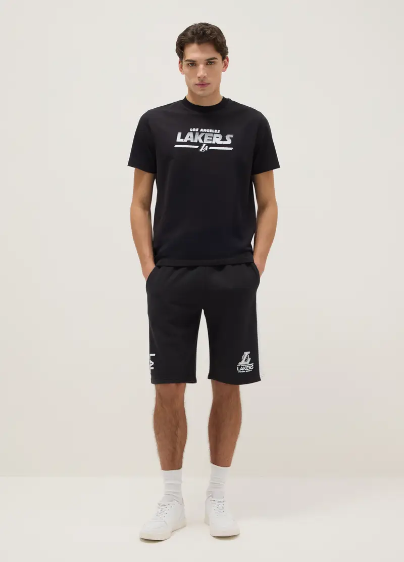 Shorts Sportivi In Misto Cotone Neri Regular Fit Con Logo Lakers, Uomo, Nero