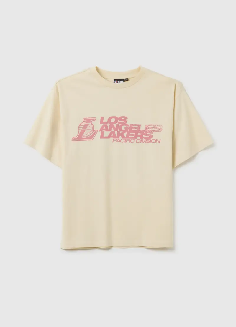 T-shirt Da Bambino In Puro Cotone Beige Regular Fit Con Logo Los Angeles Lakers, Unisex, Beige