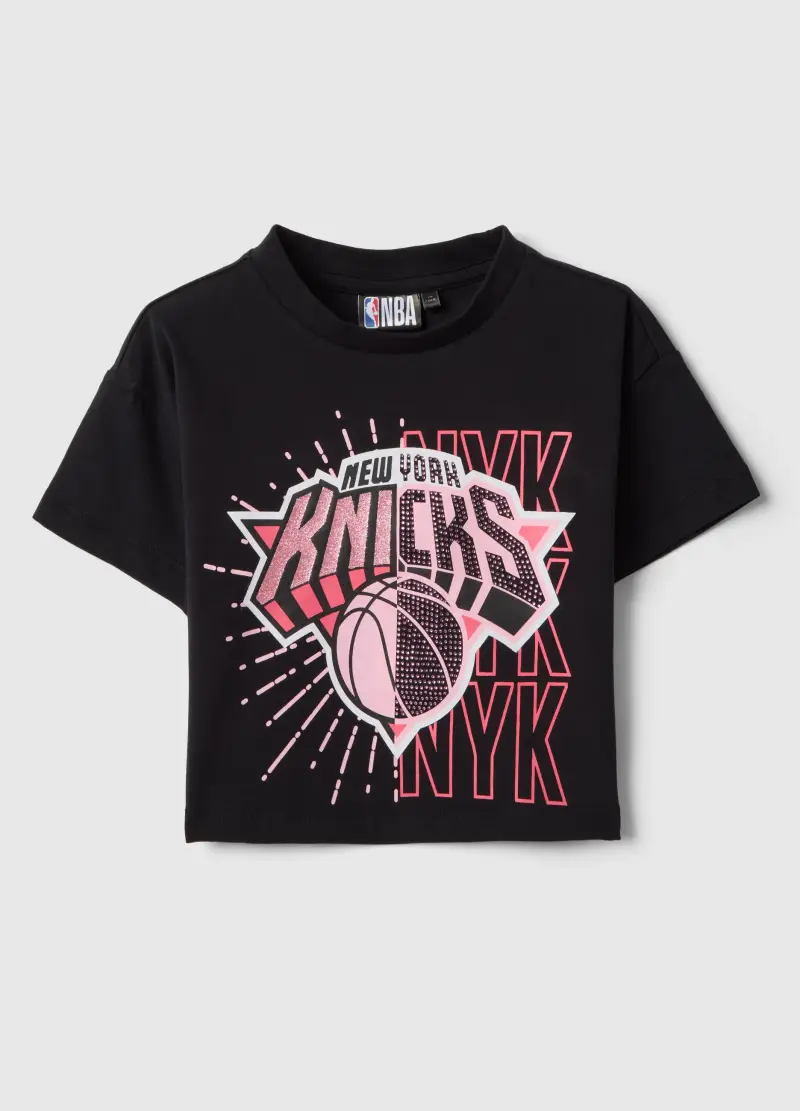 T-shirt In Cotone Elasticizzato Nera Da Bambina Boxy Fit Ny Knicks, Nero