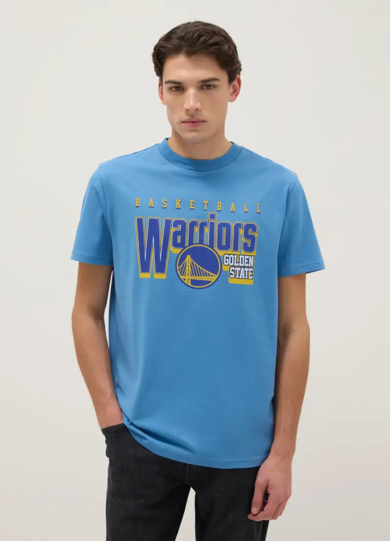 T-shirt In Puro Cotone Azzurro Regular Fit Con Logo Golden State Warriors, Uomo, Azzurro