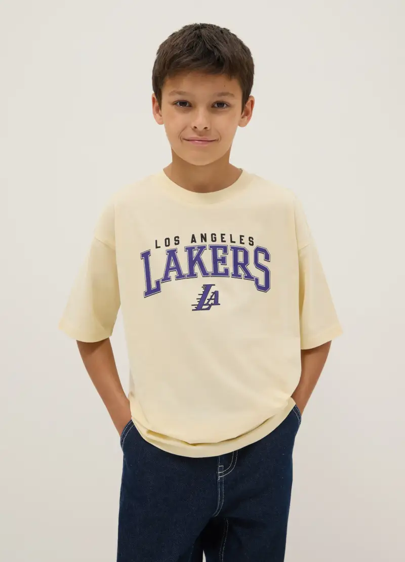 T-shirt In Puro Cotone Beige Da Bambino Regular Fit Con Logo Lakers, Unisex, Beige