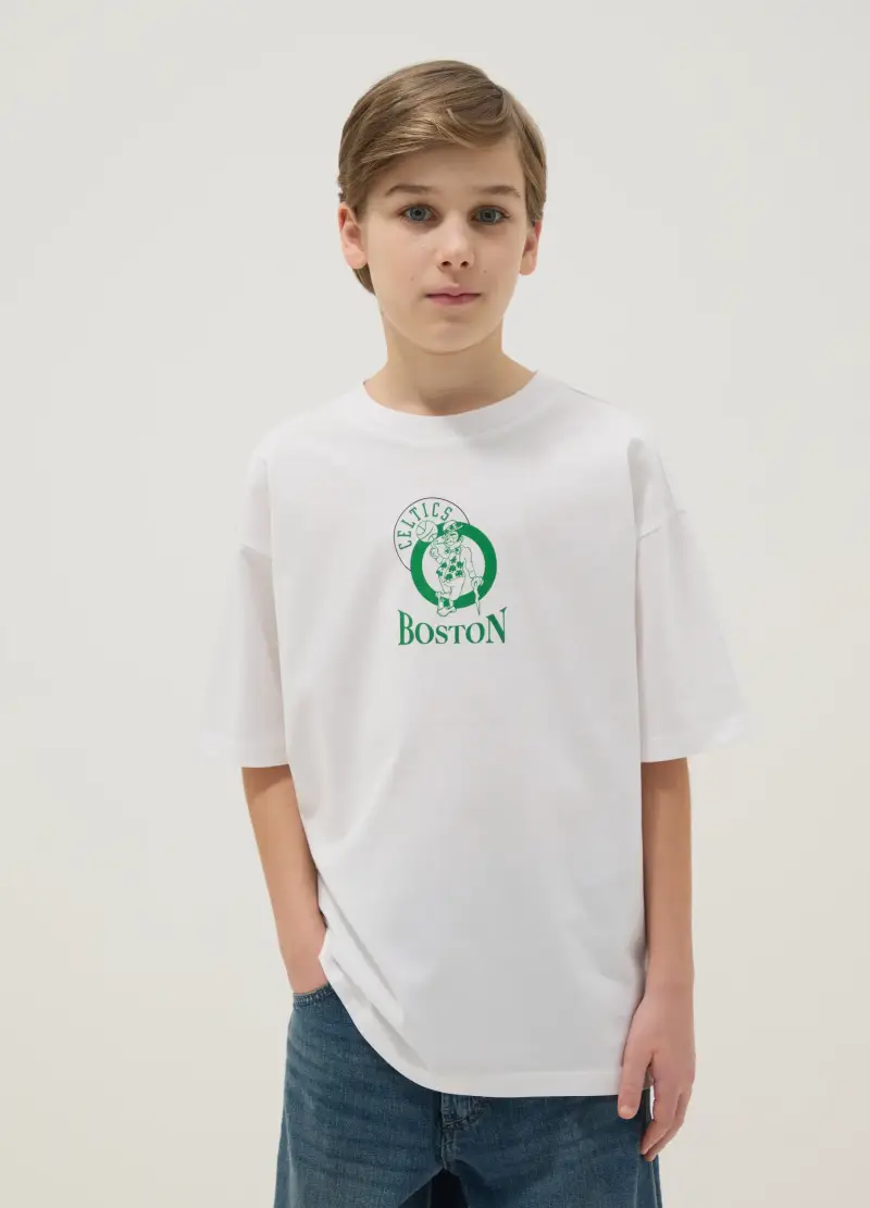 T-shirt In Puro Cotone Bianca Da Bambino Over Fit Con Logo Boston Celtics, Unisex, Bianco