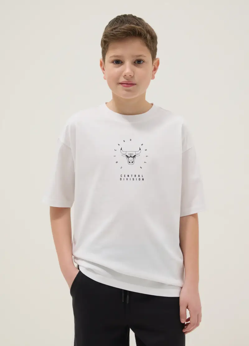 T-shirt In Puro Cotone Bianca Da Bambino Over Fit Con Logo Chicago Bulls, Unisex, Bianco