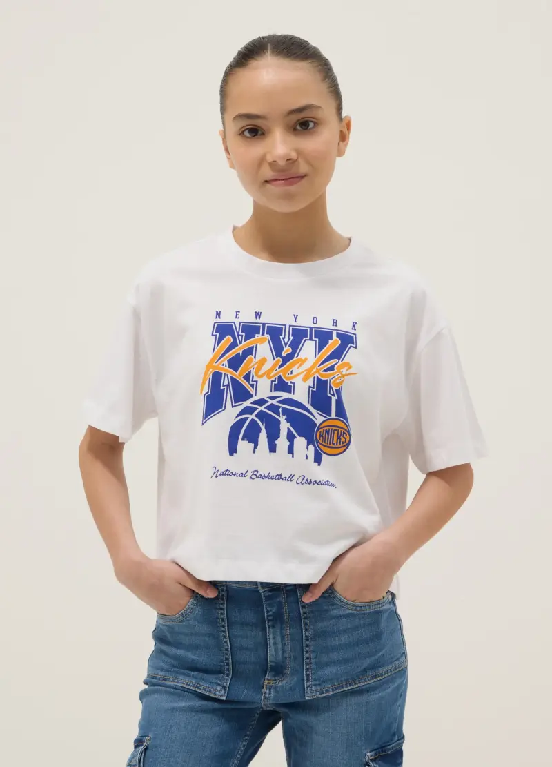 T-shirt In Puro Cotone Bianca Da Ragazza Regular Fit New York Knicks, Bambina, Bianco