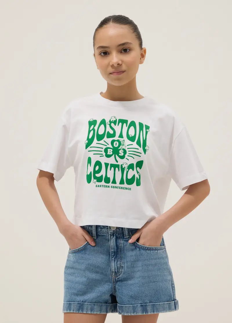 T-shirt In Puro Cotone Bianca Da Ragazza Relaxed Fit Boston Celtics, Bambina, Bianco