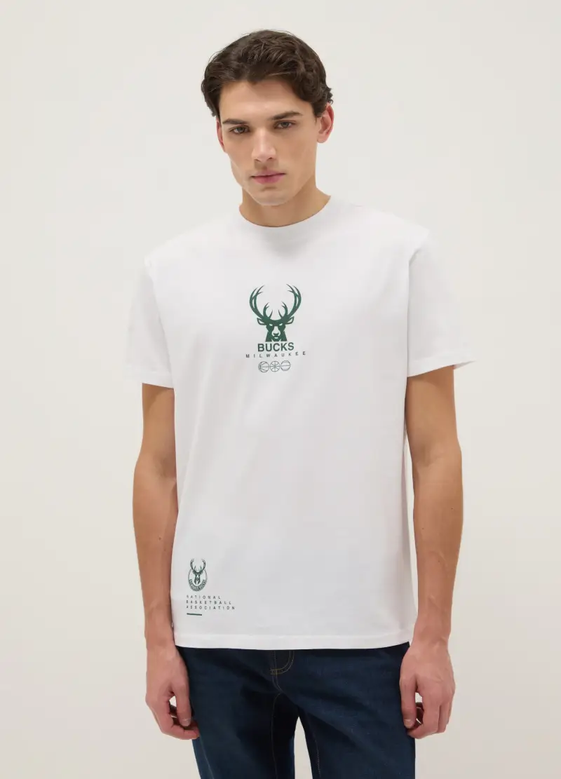 T-shirt In Puro Cotone Bianco Regular Fit Con Logo Bucks Milwaukee, Uomo, Bianco