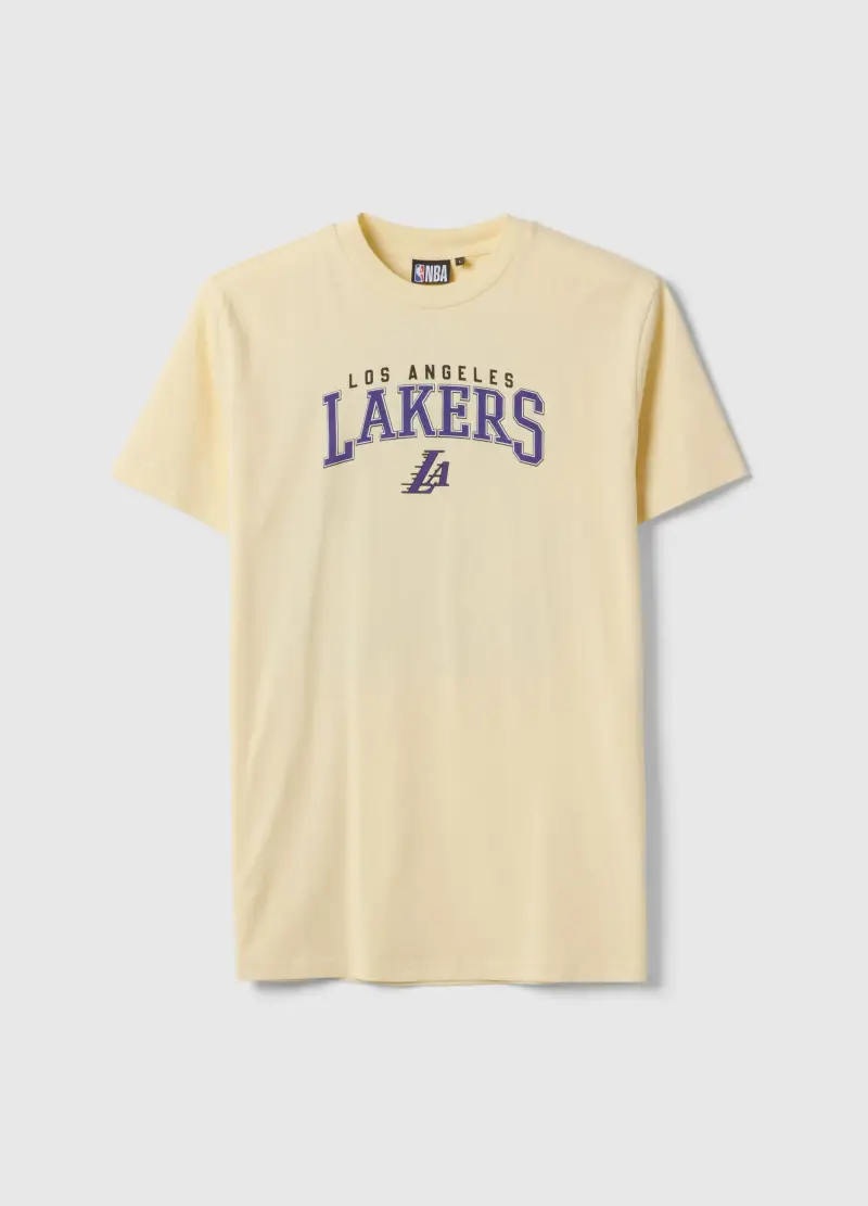 T-shirt In Puro Cotone Gialla Regular Fit Con Stampa Lakers, Uomo, Giallo