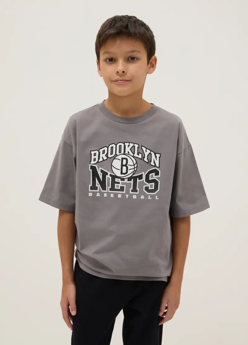 T-shirt In Puro Cotone Grigia Da Bambino Over Fit Con Logo Brooklyn Nets, Unisex, Grigio