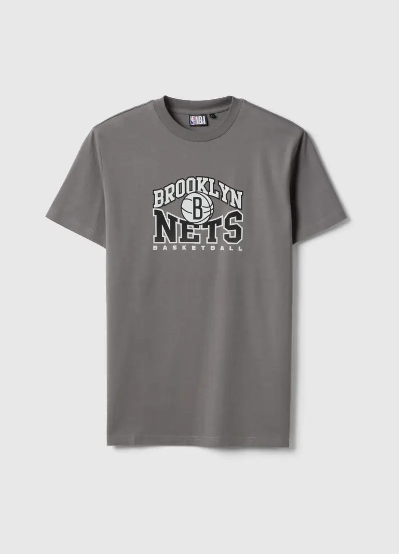 T-shirt In Puro Cotone Grigia Regular Fit Con Stampa Brooklyn Nets, Uomo, Grigio