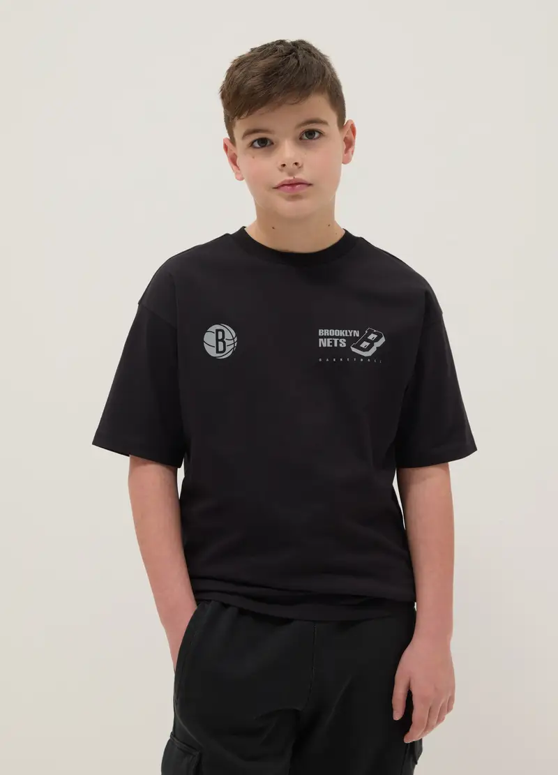 T-shirt In Puro Cotone Nero Da Bambino Over Fit Con Logo Brooklyn Nets, Unisex, Nero